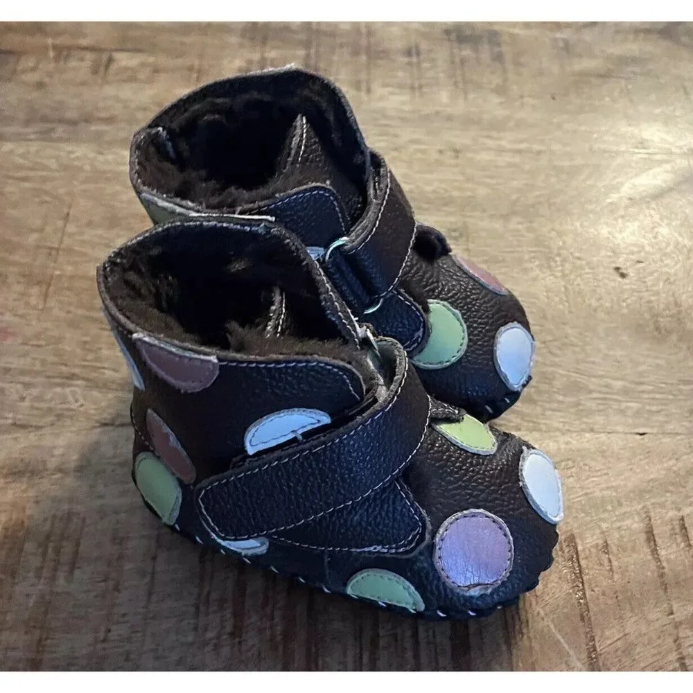 Pediped Boots Shoes Giselle Polka Dot Soft Sole Faux Fur Lined 0-6 Months Brown